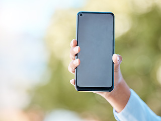 Image showing Hands, smartphone and presentation of mock up for digital app notification online with 5g tech. Person showing email, update glitch or social media communication response on blank screen.