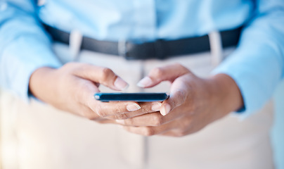 Image showing Mobile phone hands, business woman and digital contact, communication and texting on smartphone tech. Closeup person typing, reading apps and internet connecting with online technology notification