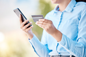Image showing Ecommerce, online shopping and credit card phone payment by woman in retail in an urban city. Online banking, finance and investing while paying for subscription and bills on an internet app