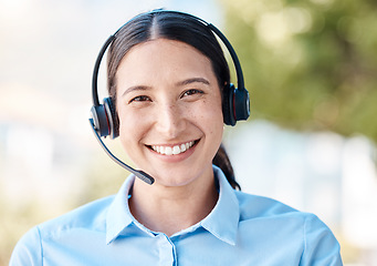 Image showing Sales woman portrait, call center agent and customer service support employee for advice, help and expert communication outdoor. Young internet consultant face, smile crm telemarketing and contact us