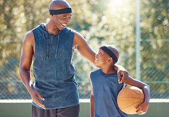 Image showing Happy father, son and basketball of black people ready for a match, teaching and learning in a court. African man and boy in sport motivation exercise, training and workout smiling together in nature