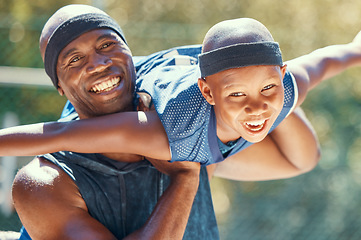 Image showing Black family, child or father on a basketball court while having fun and playing plane on a sunny day. Smile portrait of happy and excited kid with man sharing a special bond and close relationship