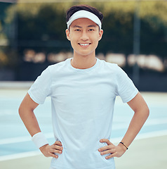 Image showing Face portrait of tennis player training for competition on court, learning game of sports for fitness and sport exercise for health in summer. Asian and happy man and athlete ready for cardio workout