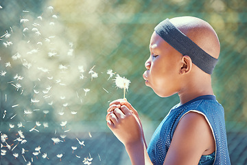 Image showing Boy, blowing a dandelion and making a wish with a black child outside on a basketball court while holding a magical flower. African kid enjoying freedom, harmony and dream to be a professional player