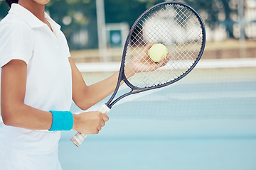 Image showing Tennis ball, racket and woman ready to serve during training on sports court for fitness, exercise and health. Fit payer, competition and match with young female playing game for an active lifestyle