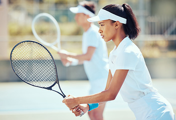 Image showing Sports woman on court, tennis match together and fitness exercise. Training practice, teamwork motivation and strong young athlete. Game of mixed double, active focus and australia competition