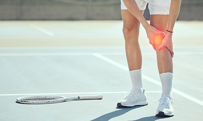 Image showing Tennis athlete legs with knee pain, injury or inflammation from sports fitness training exercise accident at tennis court. Competitive man or person with medical emergency of joint and muscle bruise