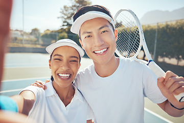 Image showing Selfie, tennis and friends with a man and woman taking a photograph on a sports court after a game or match. Training, exercise and workout with a young male and female training in sport for health