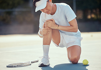 Image showing Sport, pain and tennis injury by athlete man holding knee during a competitive match at outdoor court. Professional asian tennis player suffering from hurt muscle, fitness accident while exercising
