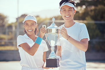 Image showing Champion, professional portrait and trophy for tennis tournament winners with joyful and satisfied smile. Success, victory and achievement award for sports competition with athlete man and woman.