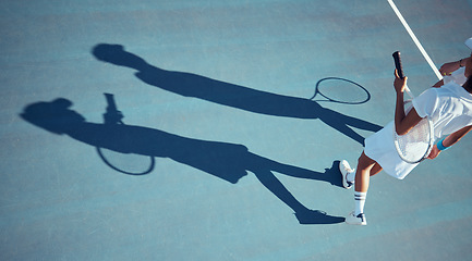 Image showing Tennis, sports and people on court in sunshine with silhouette or shadow and mockup. Active fitness woman, man or professional sport player with racket from above or top in summer with ground mock up