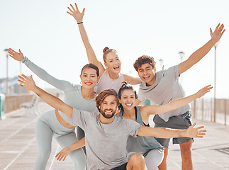 Image showing Portrait of happy outdoor fitness friends, community or team with fun excited energy relax after exercise, sports or training. Winner, team building and people celebrate after cardio marathon running