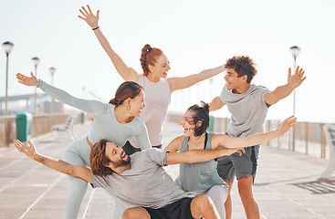 Image showing Friends, happy and excited hands outdoors while on exercise break together in gym clothes. Young social circle have goofy, silly and cheerful fun to celebrate their youth on the weekend.