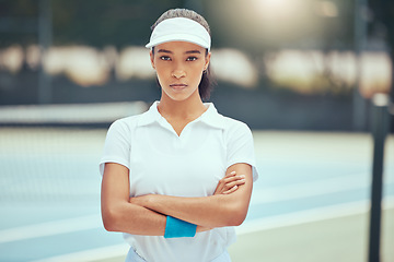 Image showing Tennis, game and motivation focus woman on a sport court in a exercise and fitness game. Portrait of a training sports athlete person from Spain determined for workout success and competitive win