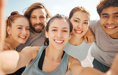 Image showing Exercise friends, selfie and social fitness and wellness event outside with health lifestyle team. Summer workout, young adults and outdoor sports club photo with active people together.