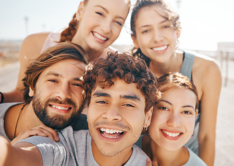 Image showing Selfie, fitness and group of friends happy and excited to start a workout, exercise and training together as a team. Summer, smile and portrait of smiling men with woman living a healthy lifestyle