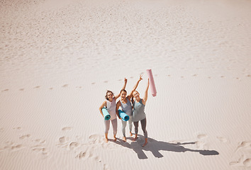 Image showing Yoga fitness team on beach, friends training in nature and peace hand sign for exercise by the sand mockup in summer, meditation holiday and pilates on vacation. Portrait of pilates people in Mexico