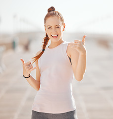Image showing Happy, fitness and woman in Hawaii surfer hand gesture for workout, sports and motivation in the outdoors. Portrait of a white female feeling great for healthy cardio, exercise and Shaka hand sign