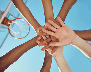 Image showing Teamwork, motivation and basketball player hand collaboration in support of a plan and game strategy. Below. huddle group in training or practice during competitive sport challenge at outdoor court