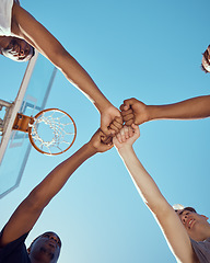 Image showing Diversity and hands of basketball sports teamwork in solidarity and collaboration to win game at basketball court. Motivation, fitness and healthy athlete men or tournament training group of people
