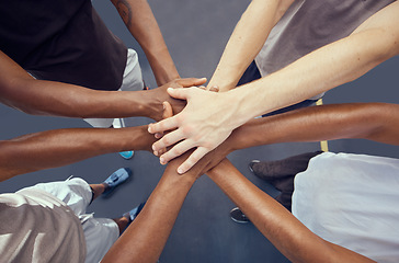 Image showing Teamwork, solidarity and diversity sports people hands stacked together from above. Athlete group or community accountability with goal, motivation or team collaboration, trust and fitness mission