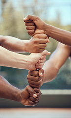 Image showing Team diversity hands, support and sports community of men athlete group ready for training. Solidarity, trust and motivation collaboration hand gesture of commitment to teamwork, exercise and workout