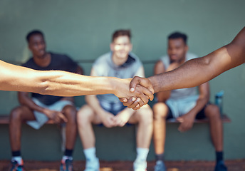 Image showing Handshake, competition and men shaking hands to welcome, congratulations or say good luck before a sports game or match start. Respect, etiquette and closeup hands of players greeting or thank you