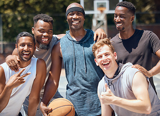 Image showing Portrait, sports or basketball team at court training for a game, match or competition with a smile. Athletes, workout and diverse group photo of men playing sport for exercise, fitness and health.