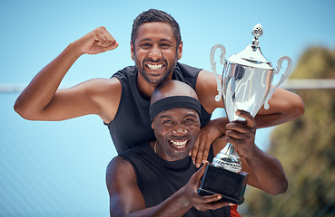 Image showing Sports men trophy, award and winning success, prize and achievement of teamwork, happy and smile athletes. Portrait sports competition game winners, champion motivation celebration and contest reward