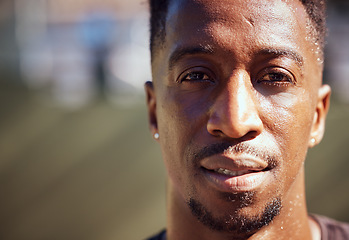 Image showing Sport, basketball and face with a man workout portrait for health, workout and fitness. Motivation, vision and mindset with a black male athlete, trainer or coach on a court outside