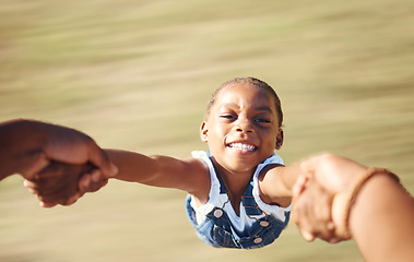 Image showing Pov, mother spinning girl and holding hands at park, in nature or outdoors. Childhood, parenting and fun with point of view of African parent support, love and playing with daughter, child or kid.