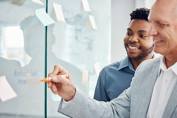 Image showing Business team strategy, collaboration and post it note planning of workers working on a job strategy. Corporate teamwork together writing notes on a clear office wall thinking about staff project