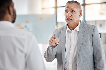 Image showing Angry businessman, finger pointing or argument or fight at workplace after misunderstanding. Leader, ceo or boss unhappy with work of employee, arguing or fighting, conflict or performance review.