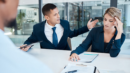 Image showing Angry, fight and divorce lawyer at work bullying a person in a meeting due to a mistake and office politics in the company. Stress, conflict and anger worker frustrated with corporate businesswoman