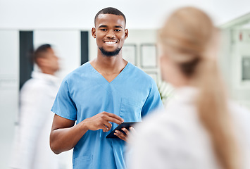 Image showing Male nurse, surgeon or doctor with tablet and 5g network medical research, information technology or answer online consultation with medical insurance. Healthcare, portrait and smile of man using app