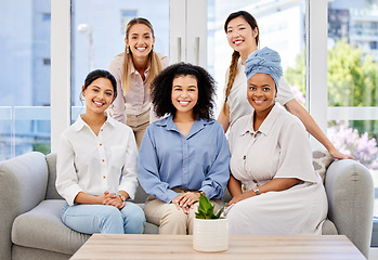 Image showing Diversity, teamwork and success with business women on sofa together in office building. Vision, collaboration and team building portrait of happy group of people for mission, community and support