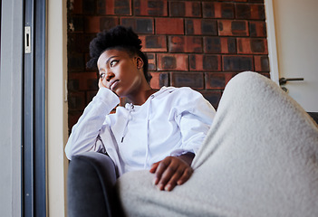 Image showing Depression, mental health and sad student or girl home from university and depressed over failure in school. Black woman on house living room sofa with stress or anxiety from college scholarship loss