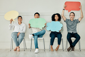 Image showing Diversity business people with speech bubble sign, banner or poster waiting for interview. Social media, chat or voice team of candidates together in line for job vacancy in the office with opinion