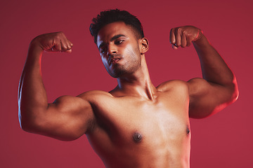 Image showing Fitness health, strong muscles and sports man with healthy body against red mockup studio background. Mock up of thinking, sport and Indian professional bodybuilder and weightlifter flexing muscle