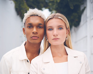 Image showing Model designer, love and diversity couple portrait of couple or friends in street style or spring clothing at work. Partnership, influencer and design with beauty, creative and stylish man and woman