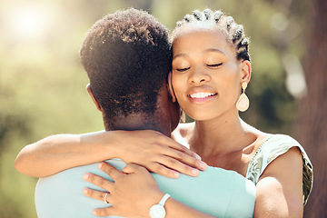 Image showing Love, relax and happy couple hug in nature for a save the date wedding announcement. Young man and woman happiness from Jamaica in the summer sunshine to show romance, trust and romantic partnership