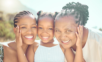 Image showing Face portrait, grandmother or mother and daughter with a smile on holiday, vacation or trip. Happy black family, ancestry or African people together in the beautiful shining sun or sunshine outside.