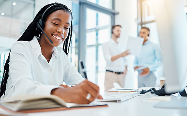 Image showing Call center manager, planning CRM agent or customer service help desk worker consulting, contact us and telemarketing with client. happy working, support consultant or employee writing work idea.