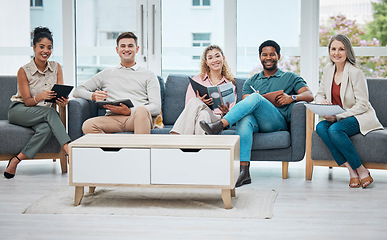 Image showing Portrait, relax and happy business people waiting on break reading books or magazines. Resting, relaxing and team of workers in recruitment room or lobby together at company, office or workplace.