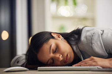 Image showing Sleeping, desk and office employee with burnout from working late to fix a mistake on a deadline. Stress, dream and tired person with sleep problem from mental health fatigue at stressful job.