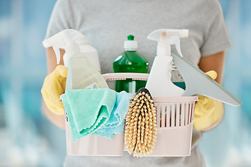 Image showing Woman, cleaning container and housekeeping product for home cleaner service, maid or worker. Zoom on spray bottle, brush and fabric cloth for spring clean, tidy interior room and hygiene maintenance