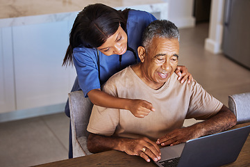 Image showing Senior patient, laptop and caregiver or home nurse helping man with social media, communication and online review for nursing service. Support, care and healthcare with female medical aid or hospice