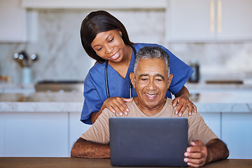 Image showing Senior man, laptop and black caregiver or home nurse helping patient with social media, communication and internet browsing at home. Support, healthcare and medical aid or hospice with pensioner