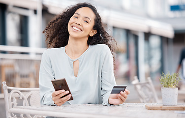 Image showing Online shopping, phone and woman doing digital credit card payment via internet at a restaurant. Happy, smile and person making a money transfer or cash send via online banking app or fintech website