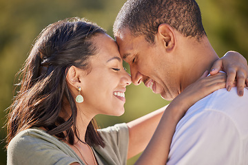 Image showing Happy, forehead and couple with love smile, bond and relax in romantic nature park date. Peace, freedom and beauty for man and woman on getaway to a green Spring forest, woods or outdoor adventure